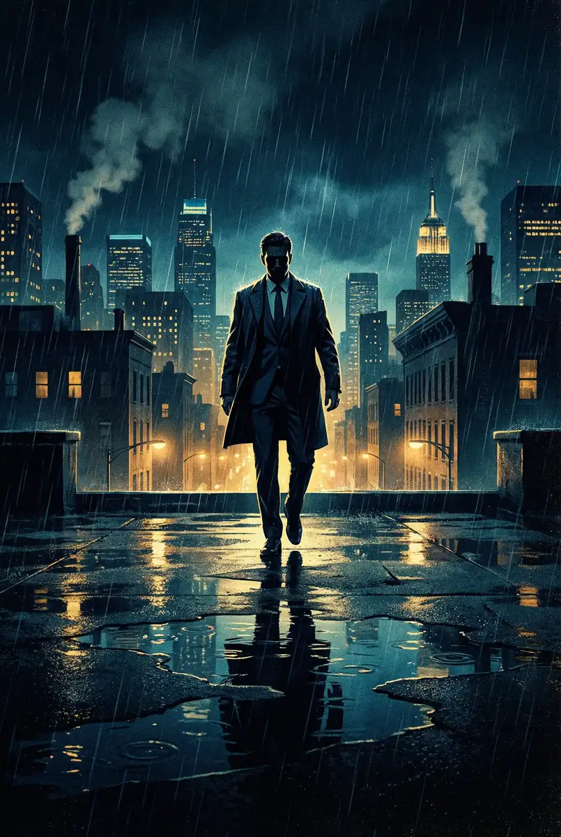 啦啦啦在线看免费观看大全 出品影片《雨夜独行者》海报，雨中城市屋顶男性剪影